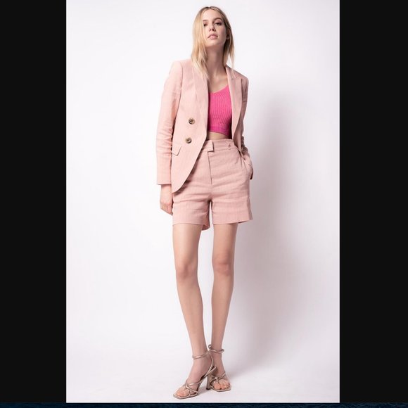 NEW Pinko Linen Double Breasted Pink Pinstripe Blazer Size 2 - Picture 2 of 12